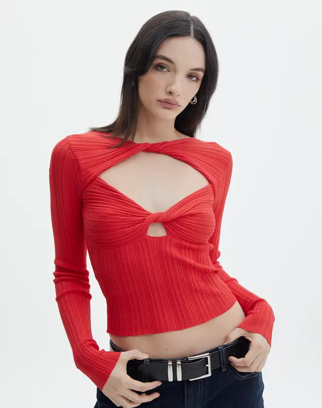TWIST FRONT CUT OUT LONG SLEEVE KNIT TOP