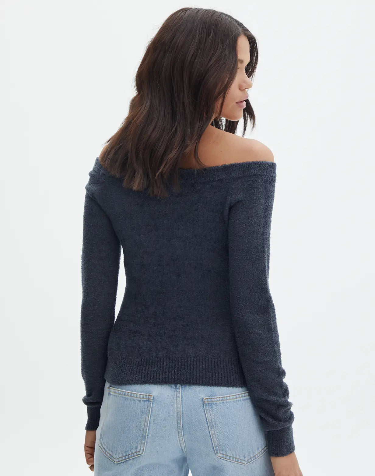 Off Shoulder Fluffy Long Sleeve Knit