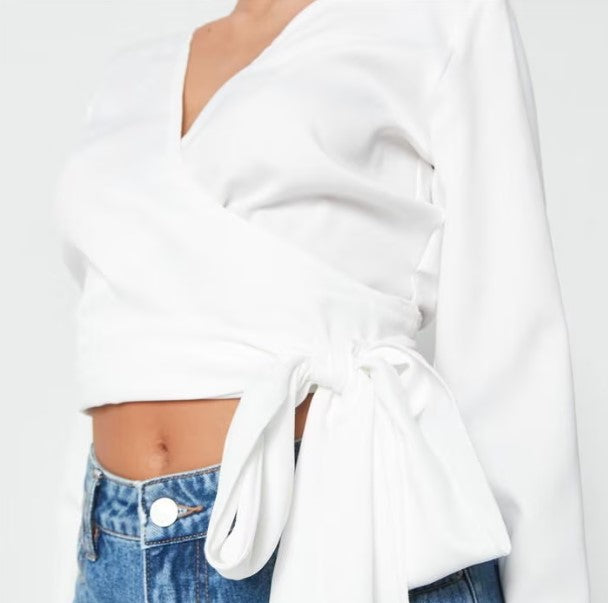 Wrap Front Flared Sleeve Crop Top