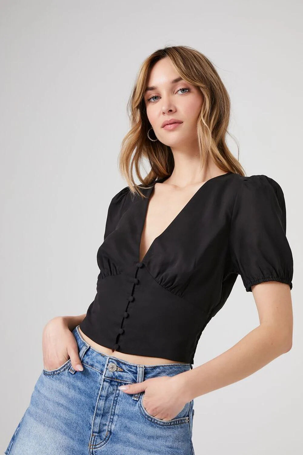 Plunging Button-Front Crop Top