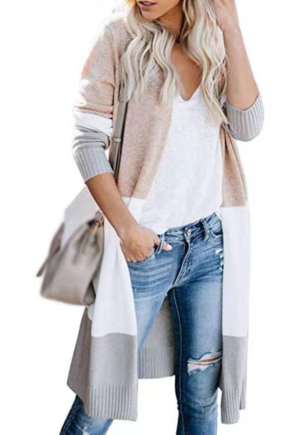 Autumn and Winter Casual Long-sleeved Three-color Stitching Cardigan