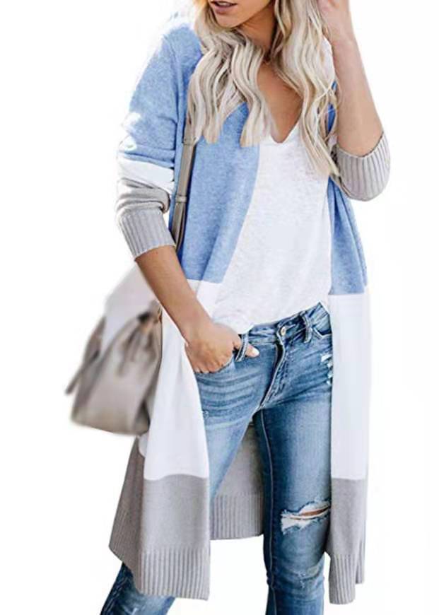 Autumn and Winter Casual Long-sleeved Three-color Stitching Cardigan