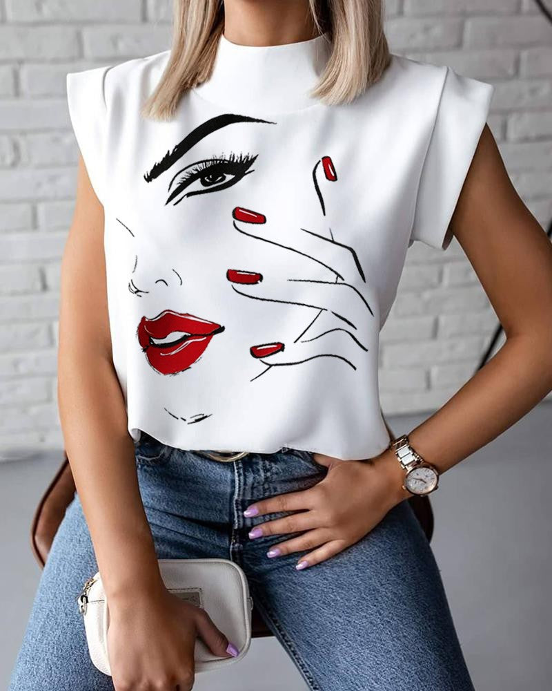 Hot Style Summer Stand Collar Lip Print Ladies Shirt Top