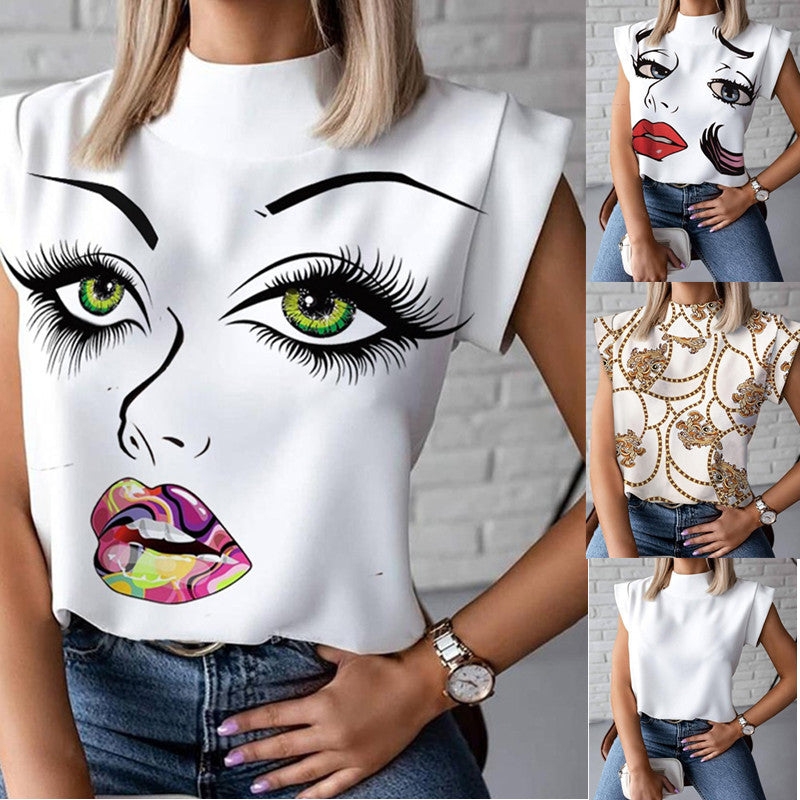 Hot Style Summer Stand Collar Lip Print Ladies Shirt Top