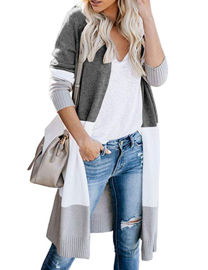 Autumn and Winter Casual Long-sleeved Three-color Stitching Cardigan