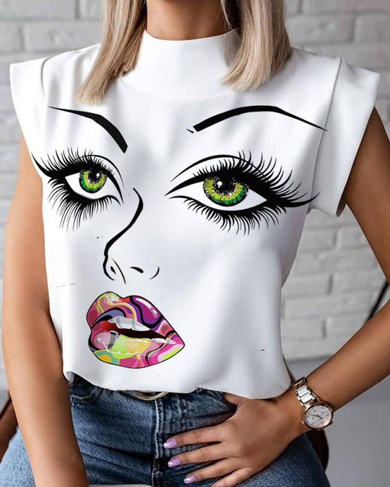 Hot Style Summer Stand Collar Lip Print Ladies Shirt Top