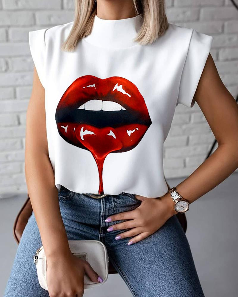 Hot Style Summer Stand Collar Lip Print Ladies Shirt Top